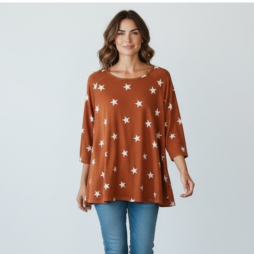 Kim & Cami Rust Orange Star Print Raglan Sleeve Top 1X Casual Americana Softgirl